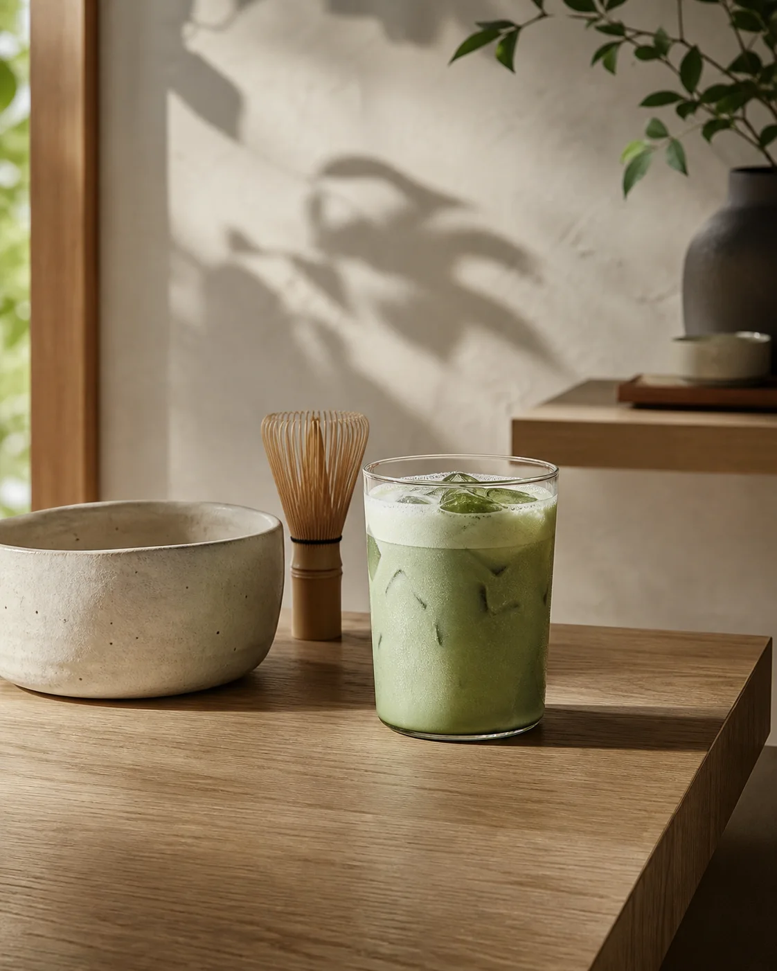 Iced ceremonial matcha latte beside a ceramic bowl and bamboo whisk