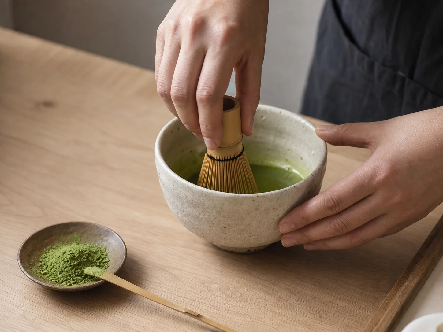 Matcha being freshly whisked by hand in a ceramic bowl